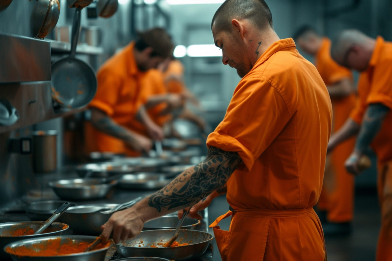 Several uniformed inmates in a prison kitchen preparing food in a productive penitentiary workshop