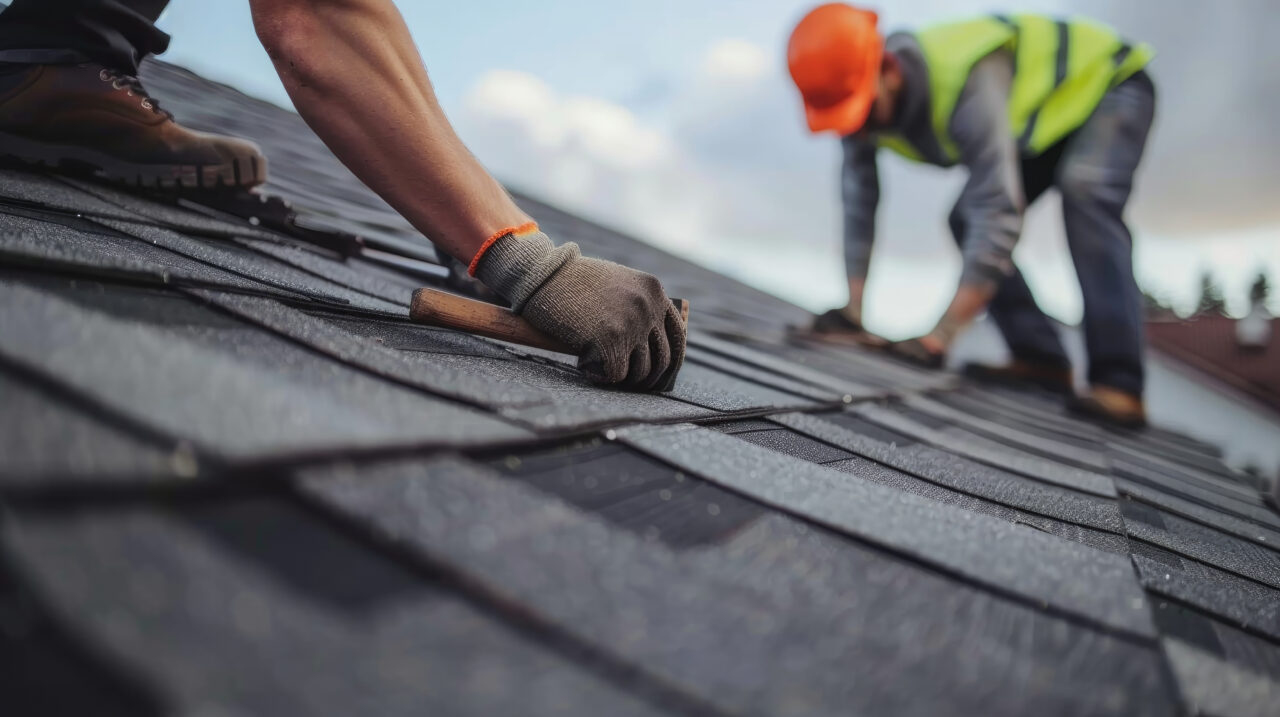 Roofer worker in special protective work wear and gloves, installing asphalt or bitumen shingle on top of the new roof under construction residential building