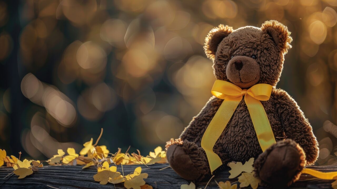 A cuddly brown bear with a bright yellow ribbon symbolizing childhood cancer awareness is perfect for children