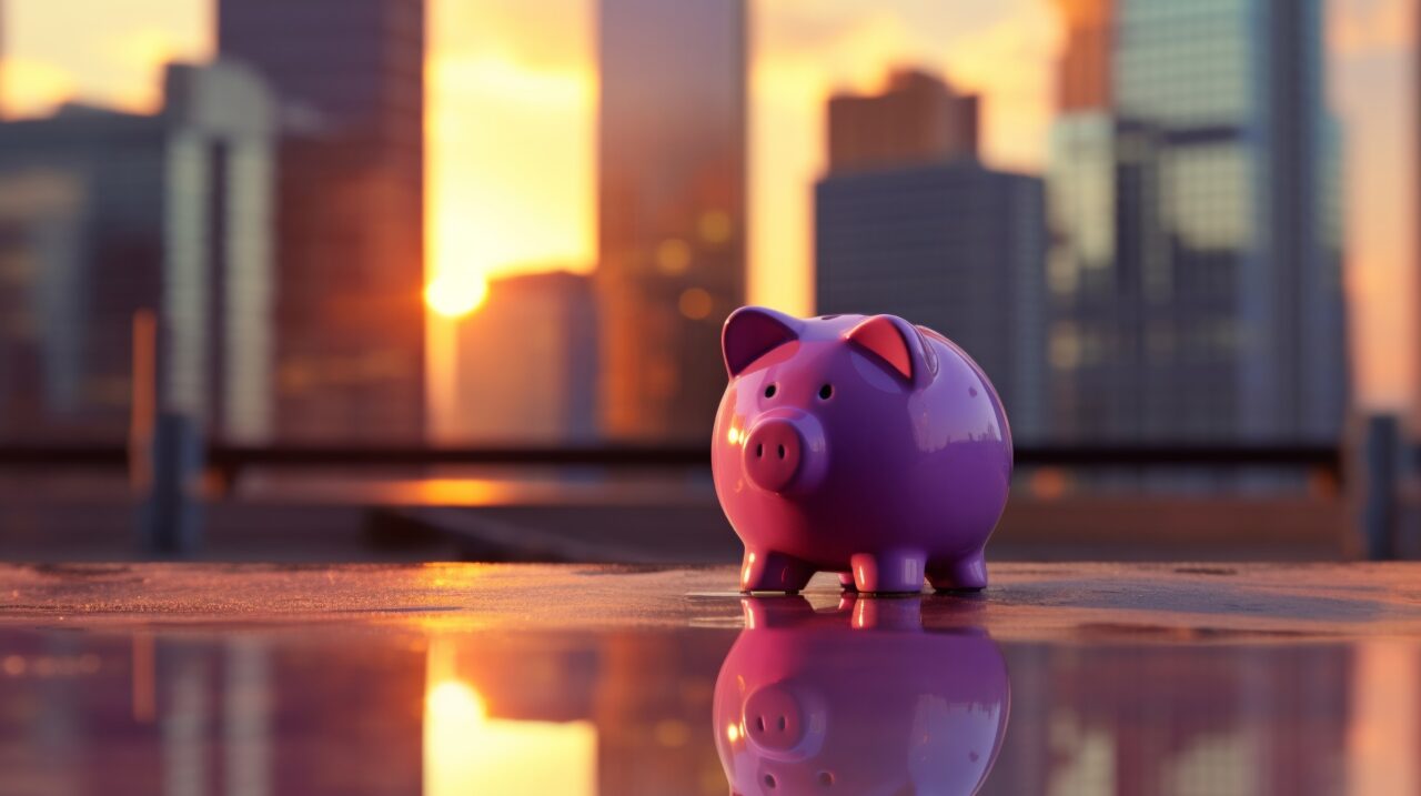 A purple piggy bank sits on a rooftop with a beautiful city skyline at sunset, symbolizing savings and financial growth.