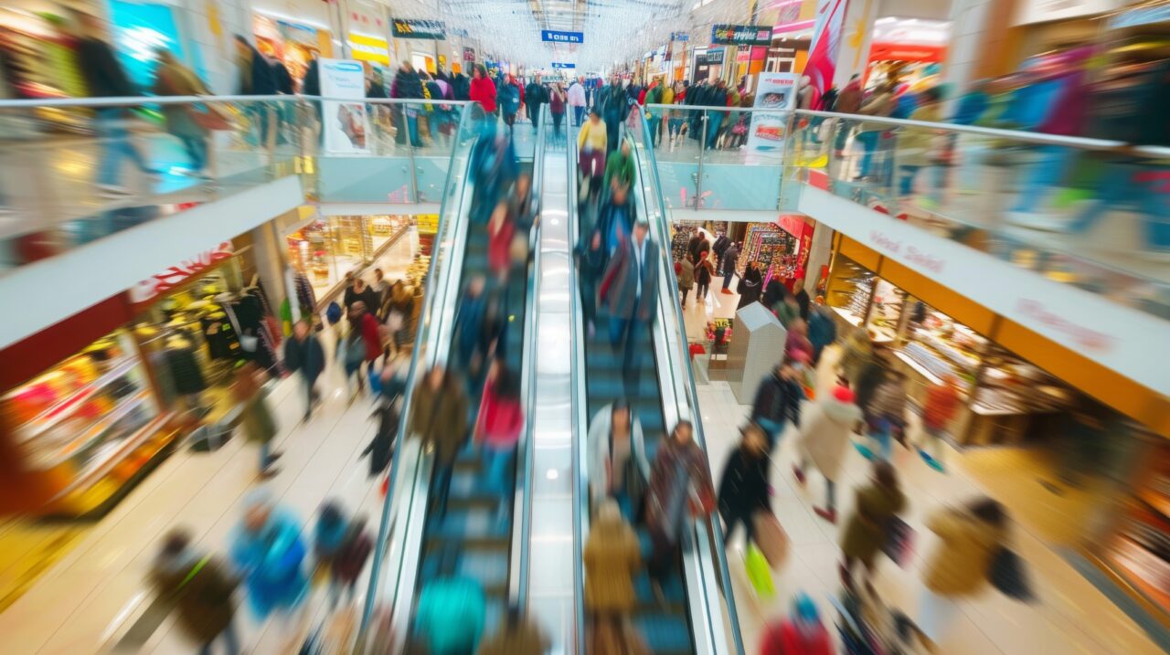 Black Friday Shopping Frenzy: Blurred Crowds of Dedicated Shoppers Hopping Between Stores to Catch the Best Deals and Discounts