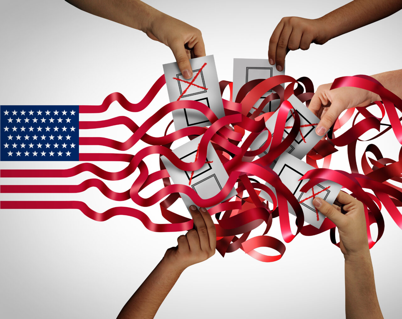 United States election confusion and Community vote or voting crisis concept as hands holding votes casting ballots in a tangled American flag as voters confused