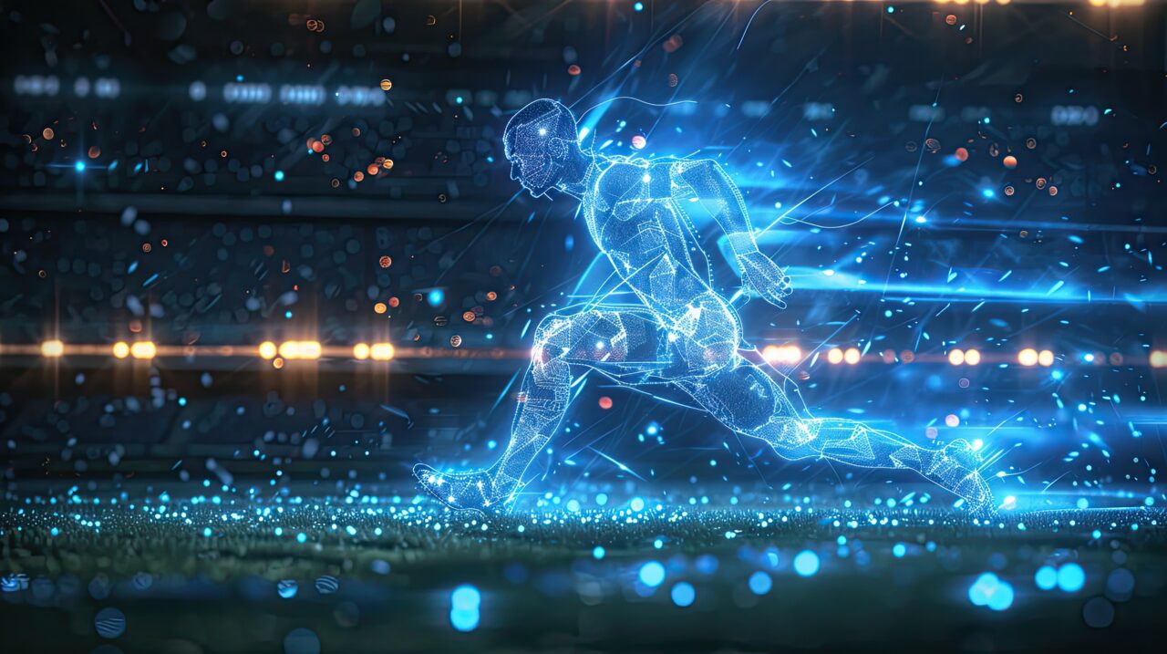 futuristic hologram football player in action at stadium during football match concept of sport and competition --ar 16:9 --style raw --stylize 300 Job ID: b762bdda-5ff7-4fb8-896d-e15caade69b9