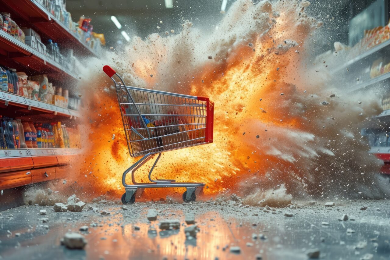 shopping cart exploding. Concept of price rise and inflation