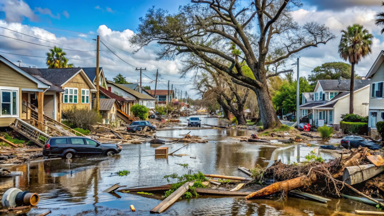 Devastating hurricane destruction: flooded streets, crumbling buildings, uprooted trees, and scattered debris litter the desolate landscape, conveying chaos and devastation in the storm's aftermath.