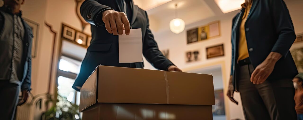 A hand depositing a marked ballot into a sealed voting box designated for the presidential election