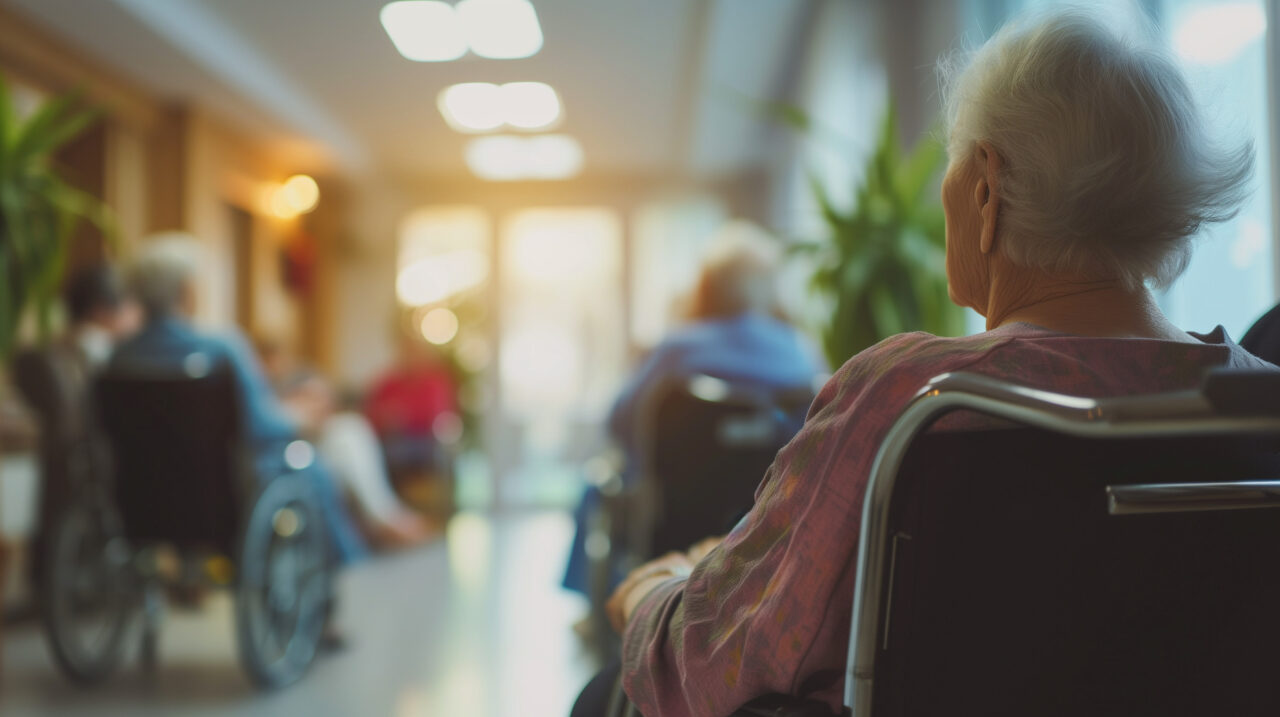 Woman in a Wheelchair in a Hospital or nursing home Hallway