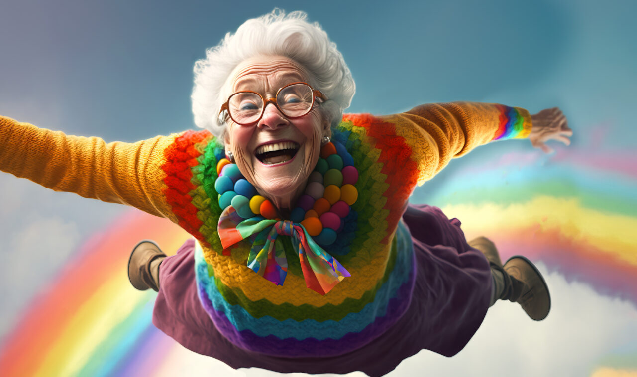 Person in the rainbow, old granny falling from the sky.  Descending from the blue sky and rainbow colors, expressing great joy and happiness restored.  Image created with generative ai