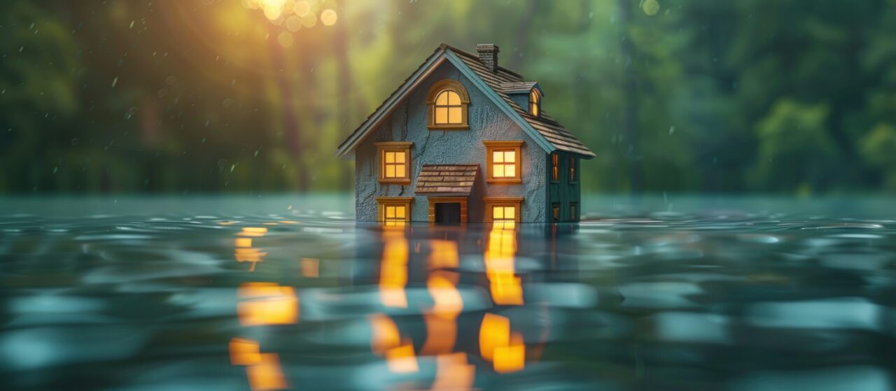 A house figure drowning in water, natural disasters and floods concept background