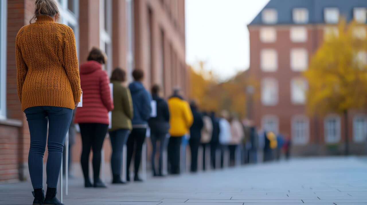 Voters lining up outside a modern polling station, early morning light, wideangle view