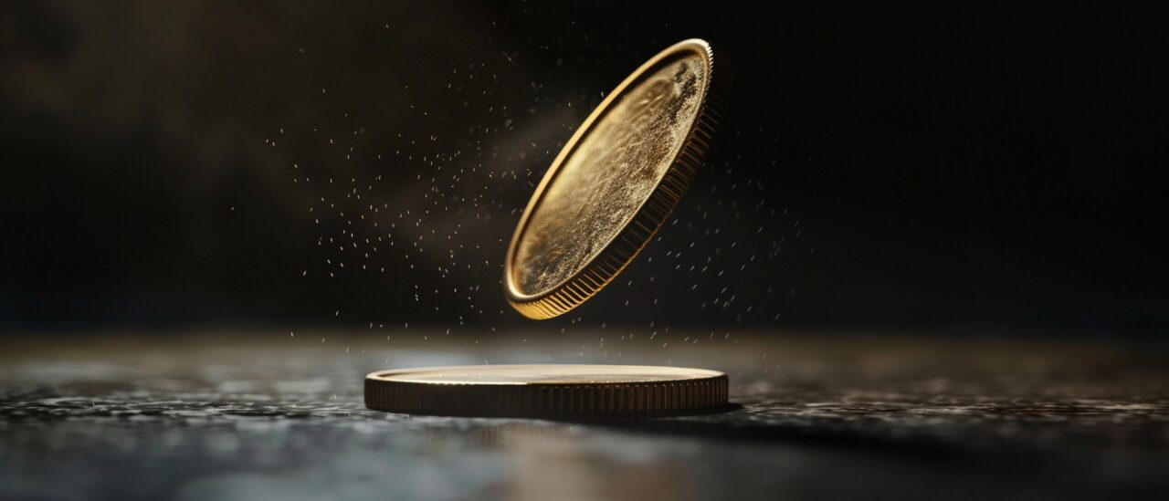 Coin spinning, both sides visible midair, spotlight, highspeed shot, dark background, hyper realistic, low noise, low texture, cinematic,