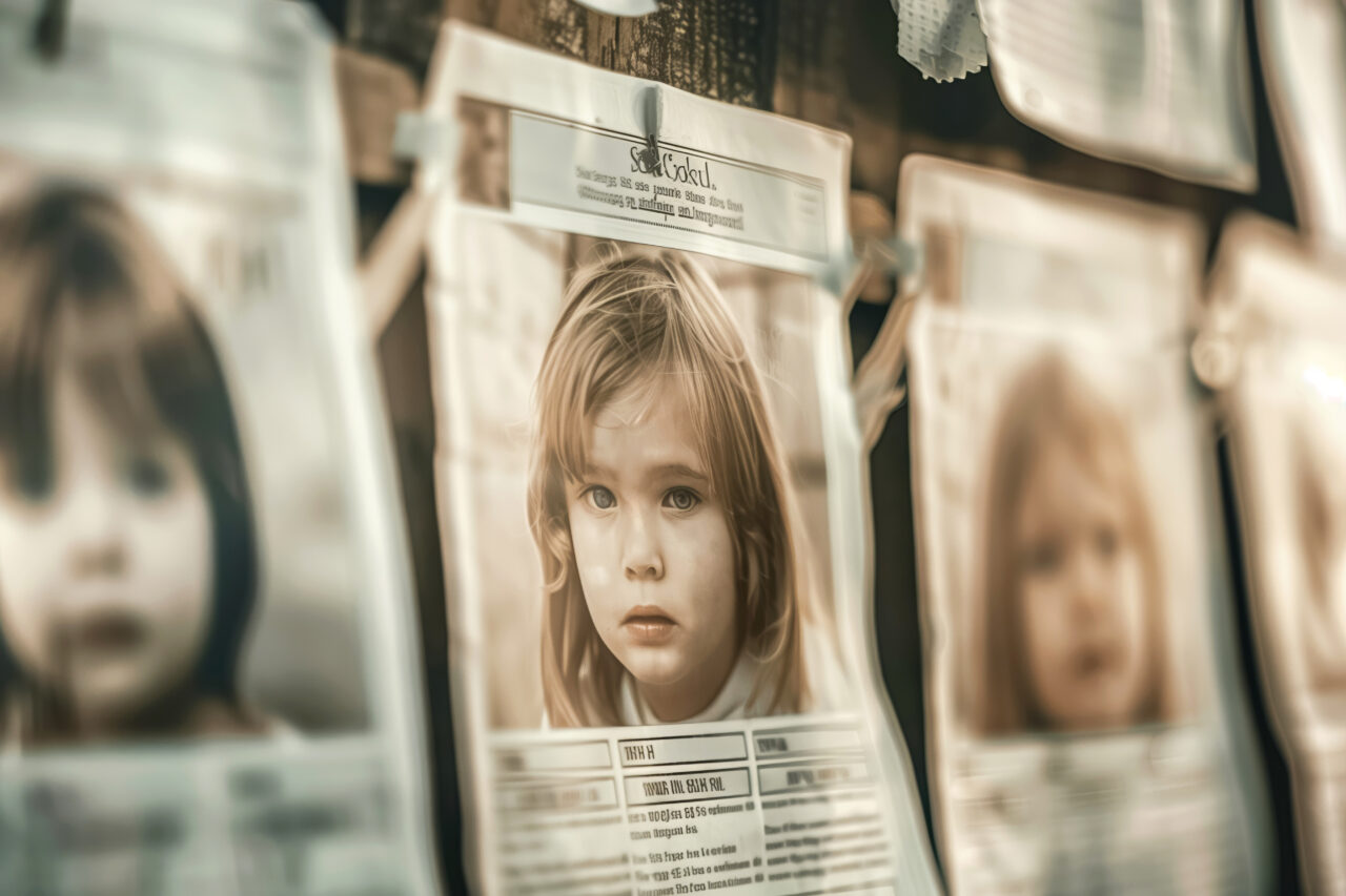 Missing children posters on a bulletin board, raising community awareness