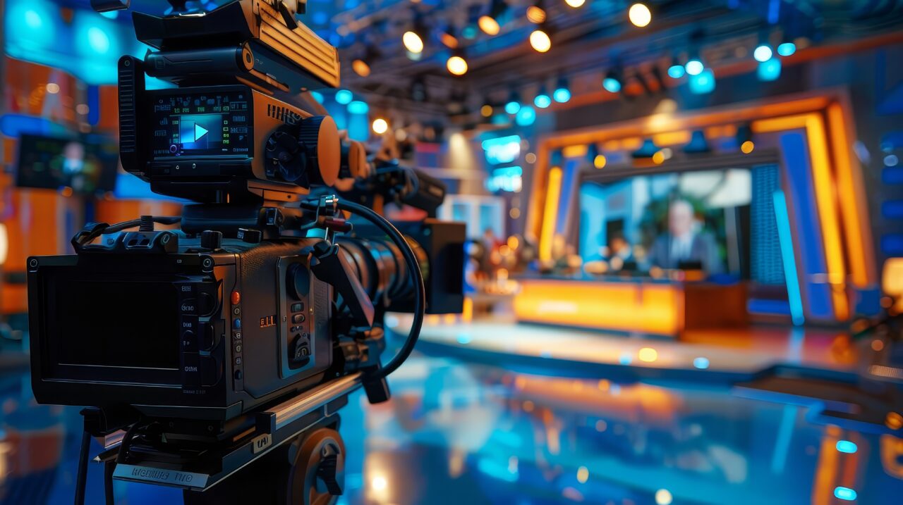 modern video camera recording tv studio interview blurred background mass media technology concept