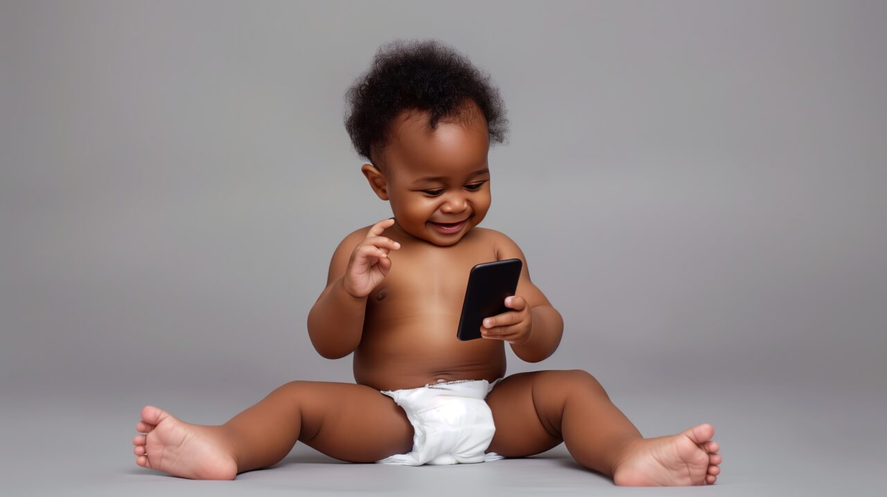 Cute little baby wearing diaper and playing with smart phone in studio, Kids and screen time