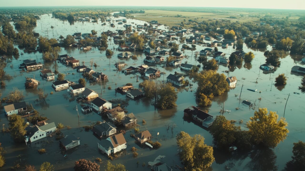 Aerial View of Flooded Town After Hurricane Impact