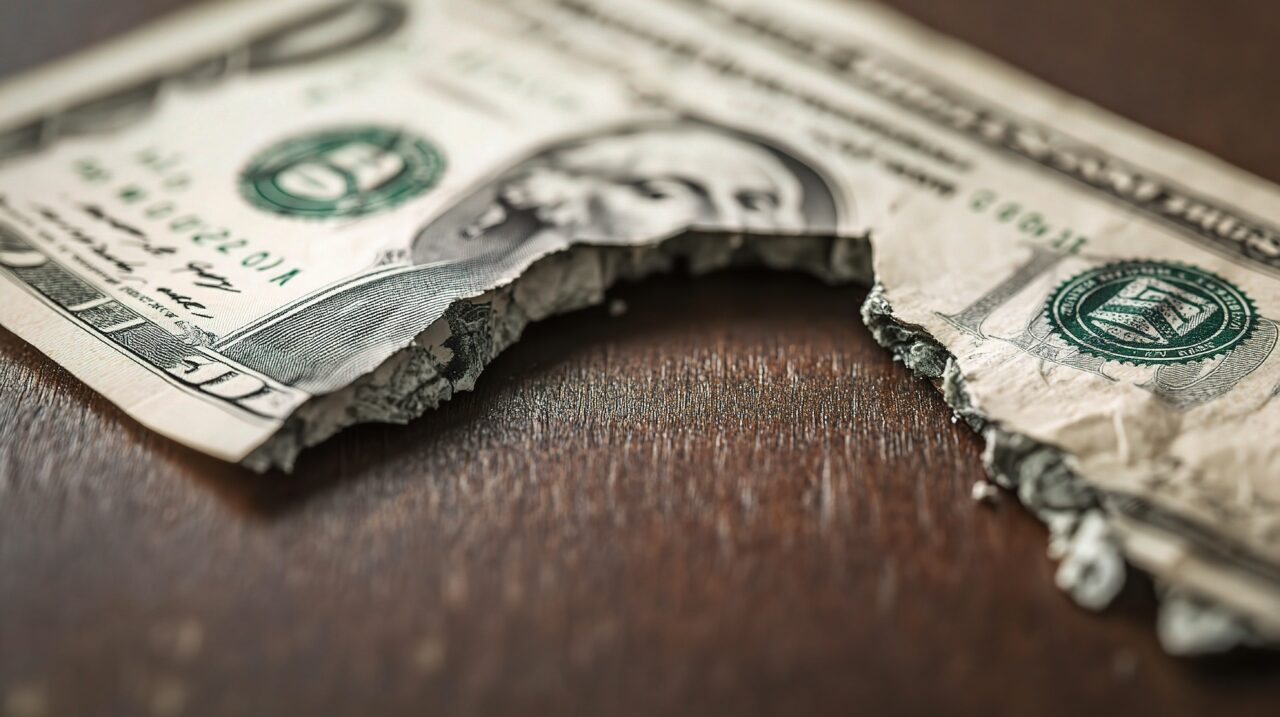 Torn Dollar Bill on Wooden Surface