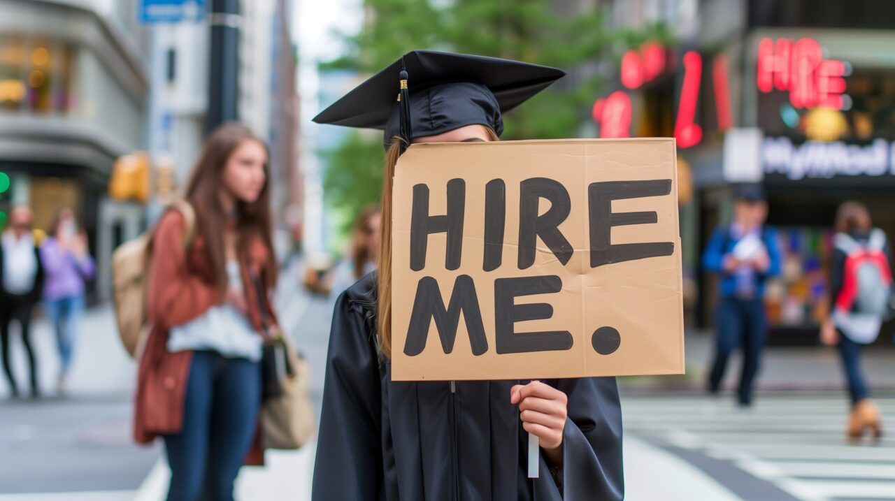 Female graduate in cap and gown holding a Hire Me sign, highlighting unemployment issues among recent graduates.