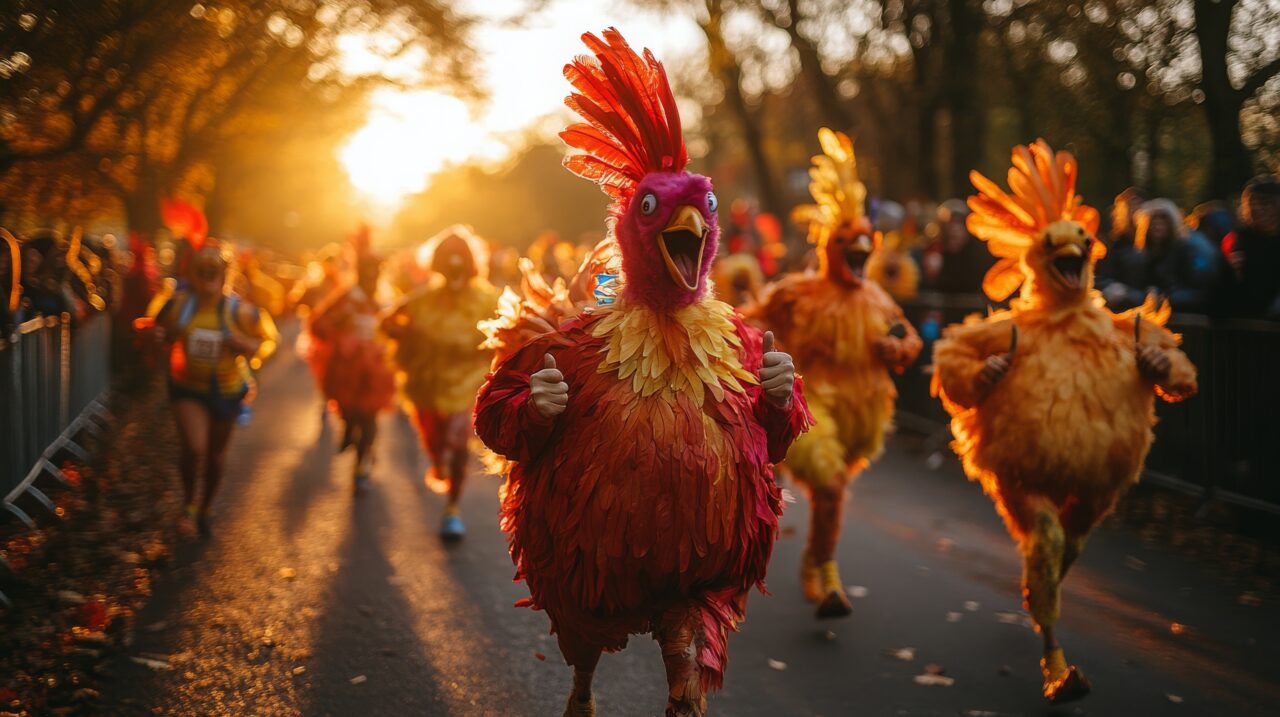 Participants in turkey costumes run during a Thanksgiving morning race at sunrise in the park