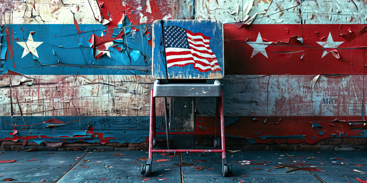 The Fractured Vote. A broken red, white and blue voting booth, with a discarded crutch nearby.