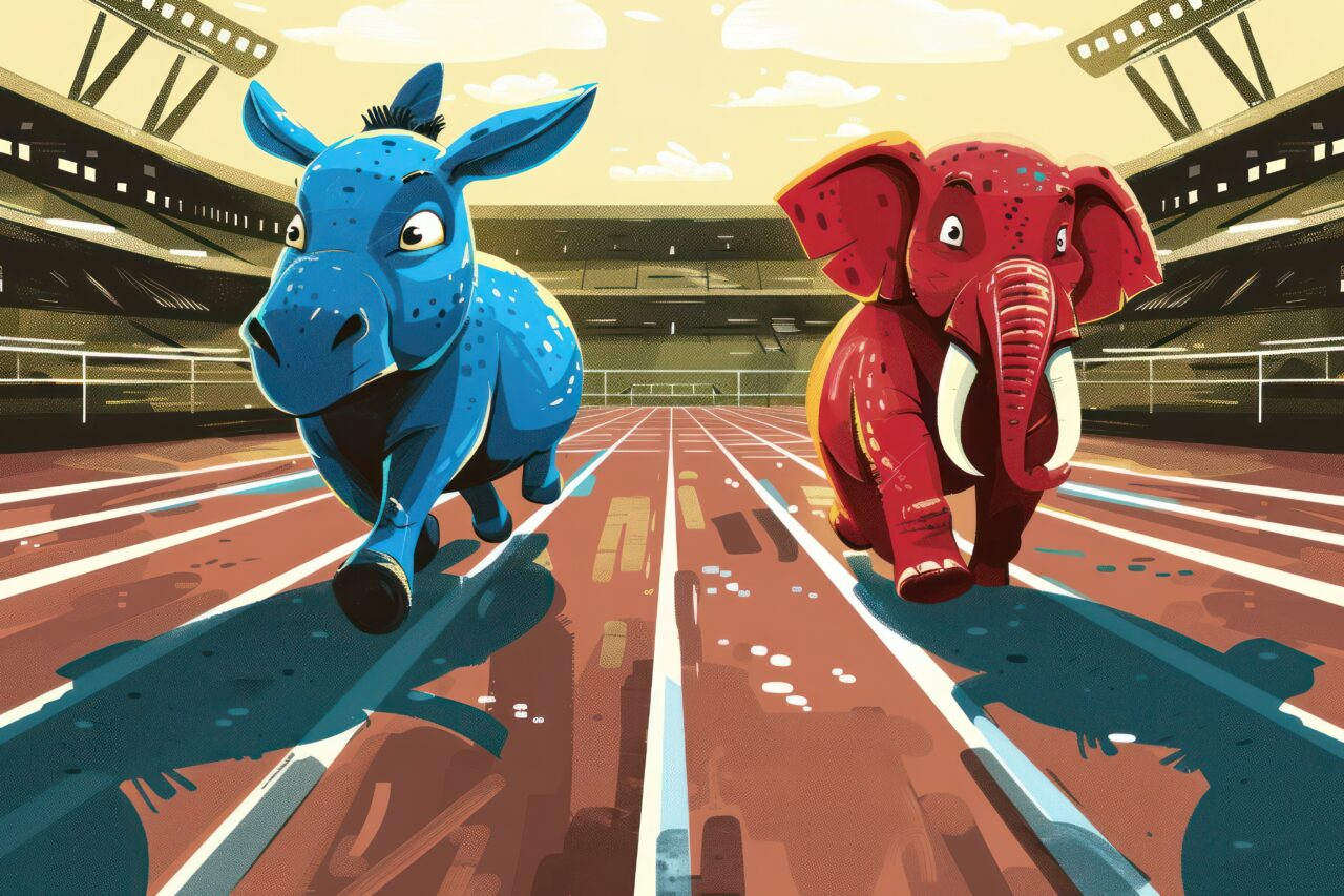 Blue donkey and orange elephant run on track at political rally. Cartoon animals sprint towards finish line in stadium with cheering crowd. Political election theme illustration.