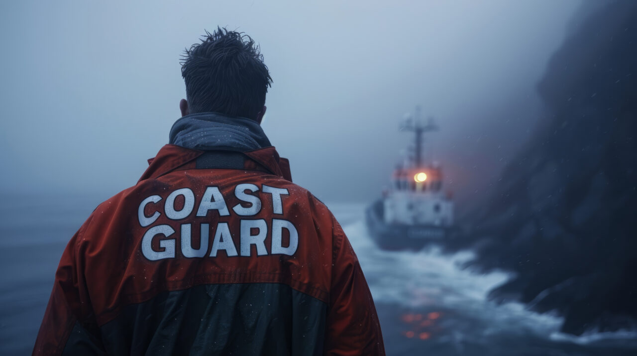 Coast guard man observing rescue boat in misty ocean