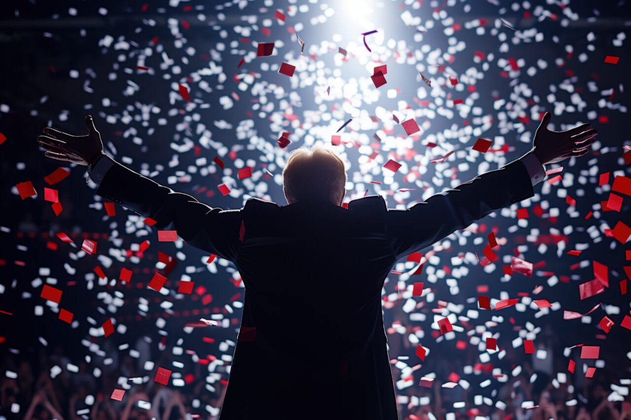 silhouette of man celebrating with falling confetti, election winner concept