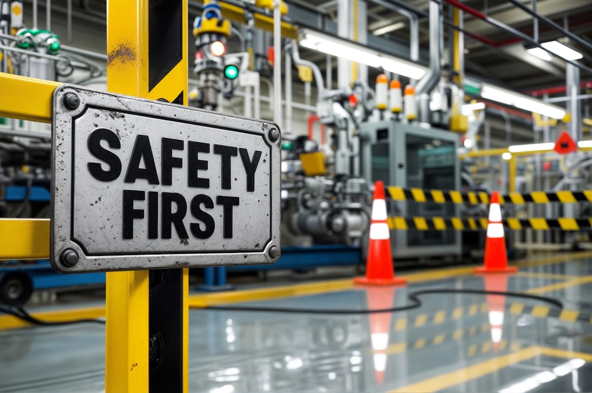 A safety sign on a metal gate with sign says word text phrase "SAFETY FIRST". Concept of worker safety during work.