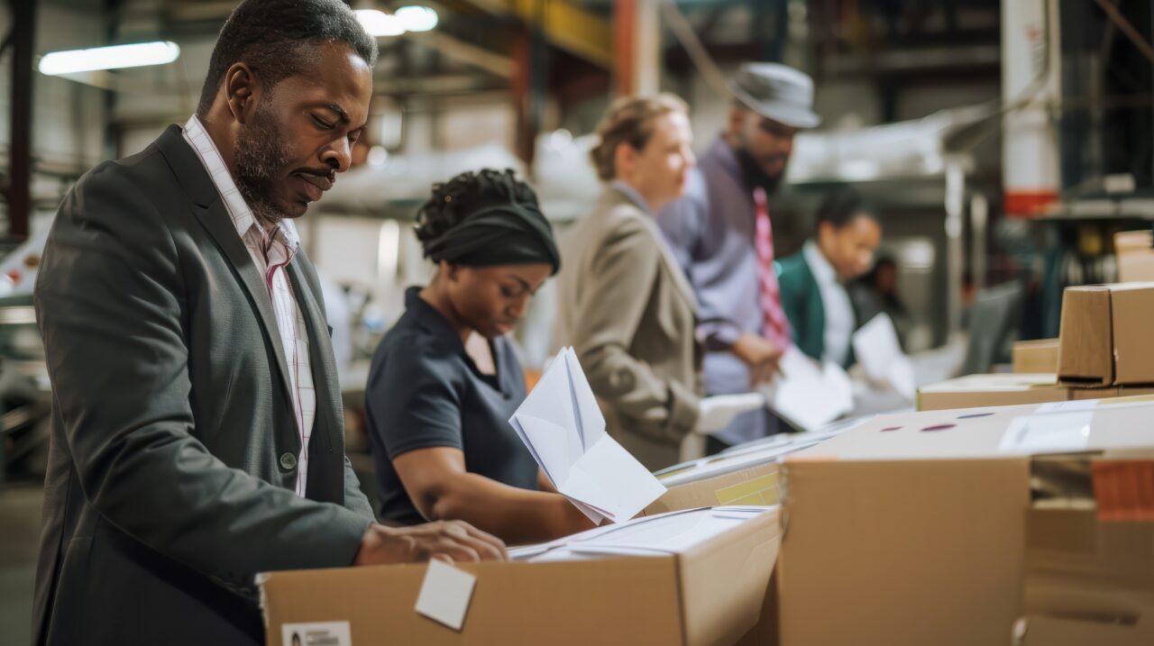 Diverse poll workers counting and auditing ballots during the 2024 National Presidential Election in USA