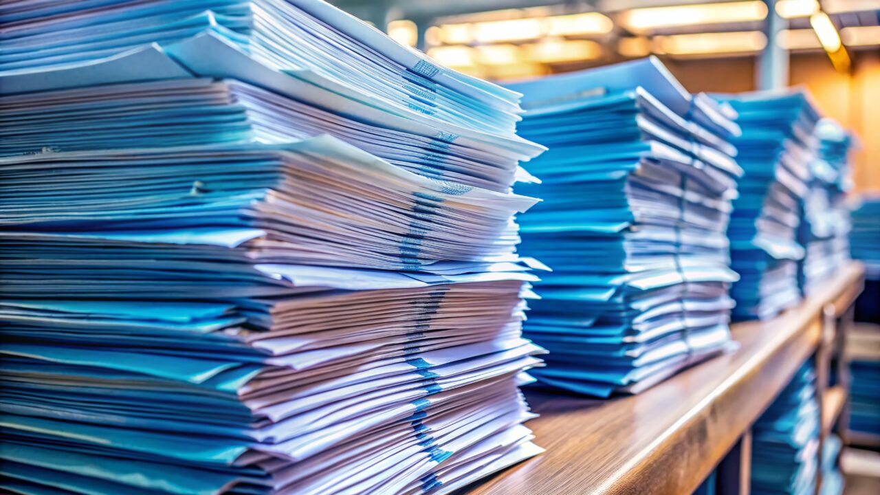 Absentee Ballot Processing: Close-Up of Stacked Ballots with High Depth of Field