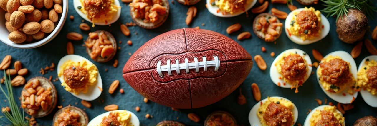 Football and game day snacks with deviled eggs and nuts displayed on table