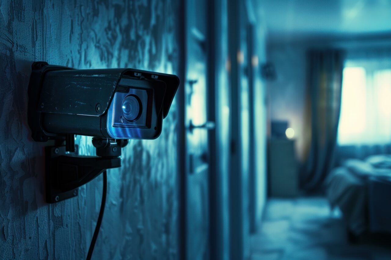 Security camera monitoring modern apartment interior at night