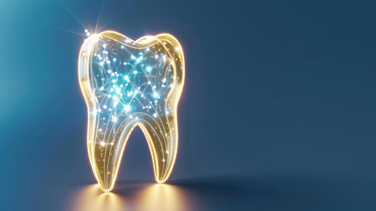 A strange, otherworldly dental technology that illuminates and heals human teeth with mystical energy, high tech, with copy space