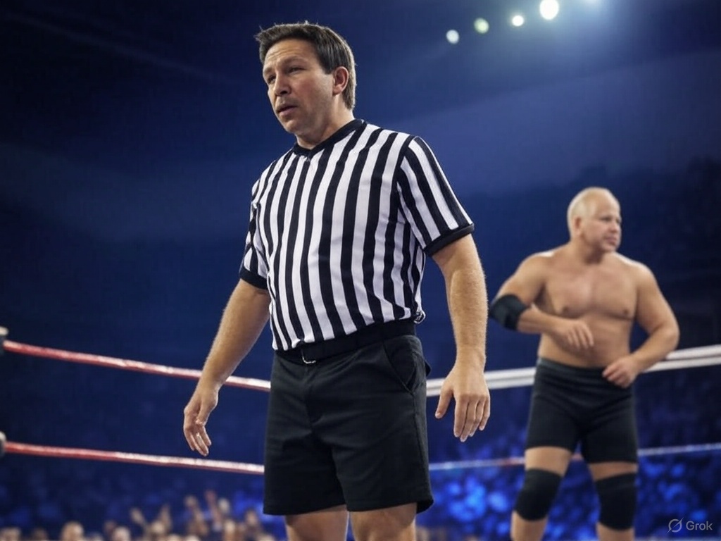 DeSantis referee with Tim Walz in background - image via AI Grok