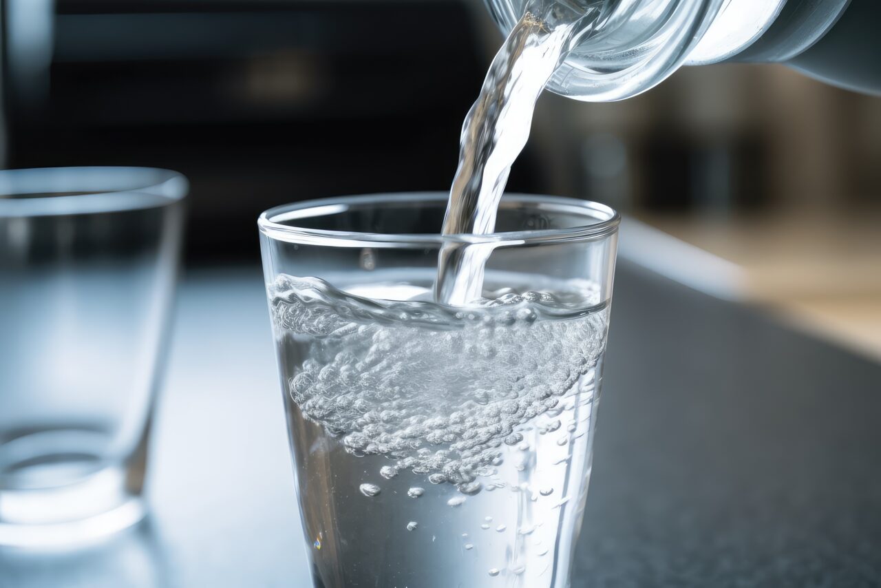 Clear water from kitchen tap in glass. Photo generative AI