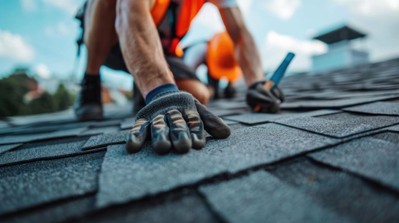 Roofer worker in special protective work wear and gloves, installing asphalt or bitumen shingle on top of the new roof under construction residential building