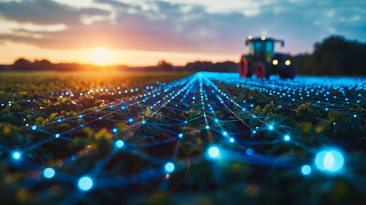 Advanced farm setup with blockchain for supply chain management, data points hovering above crops, perfect for ag-tech designs.