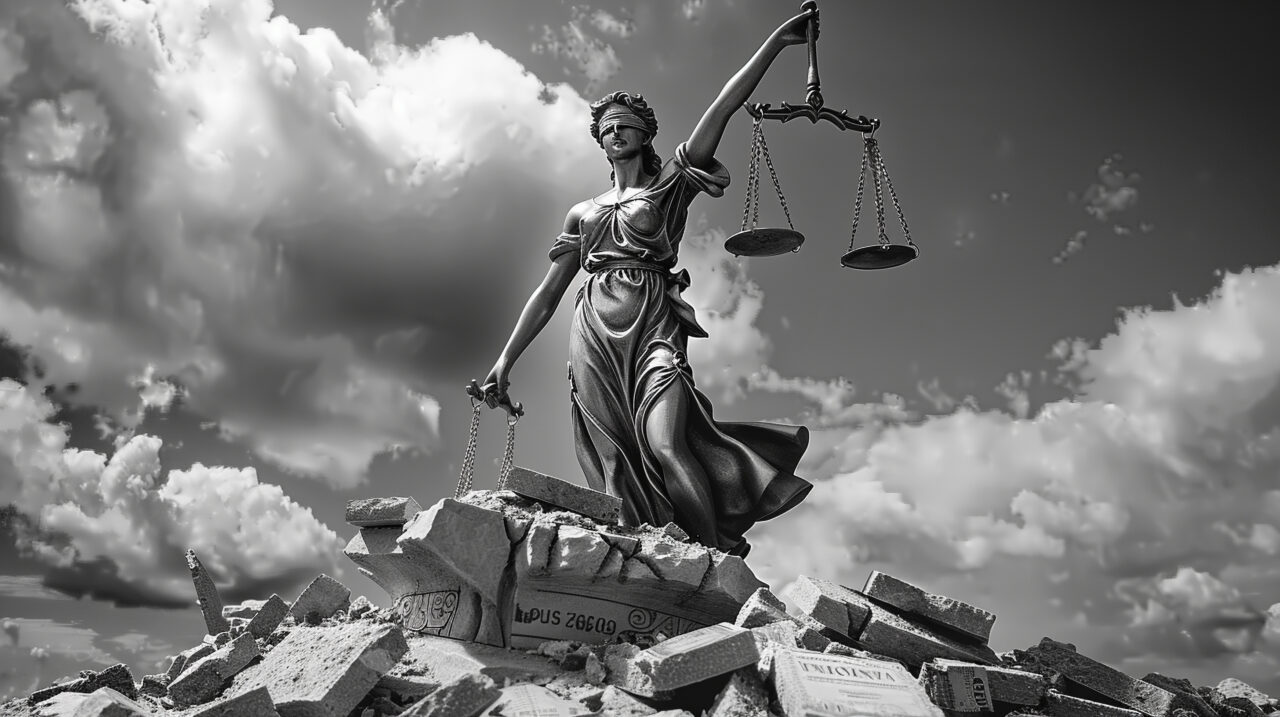 A crumbling statue of Lady Justice, symbolizing the destruction of democracy by political corruption.