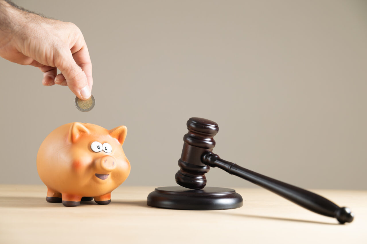 Close-up judge gavel with piggy bank and money, free background, copyspace, savings legal services, legal, lawyers, legal business