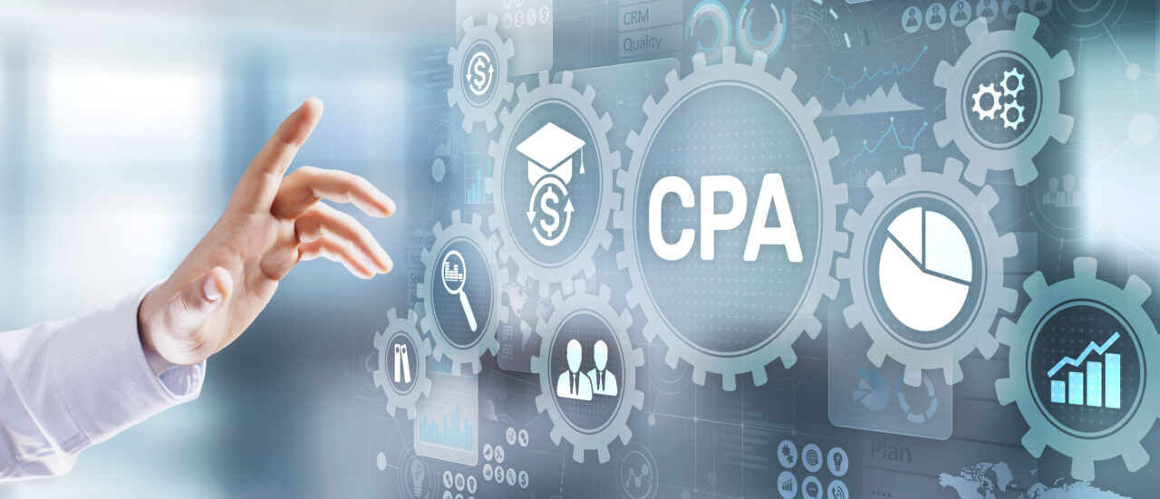 CPA certified public accountant audit financial business concept. Businessman pressing button.