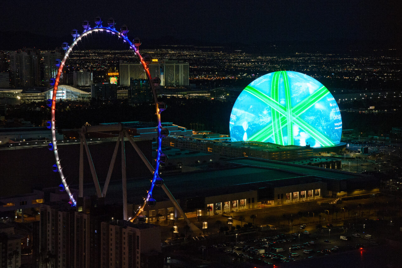 Sphere and High Roller at night