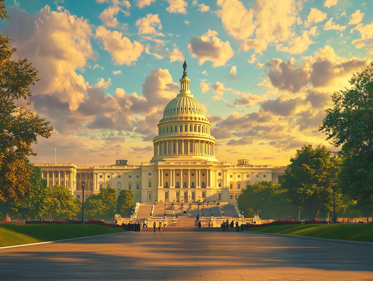 Visiting Us Capitol Building at Sunset with Golden Light and Clouds