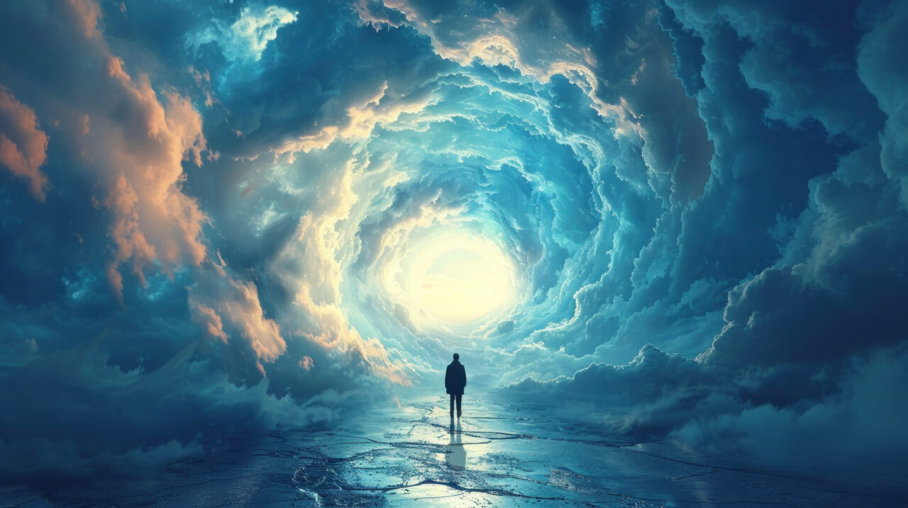 Lonely figure in cloudy tunnel, concept of entrance to the afterlife