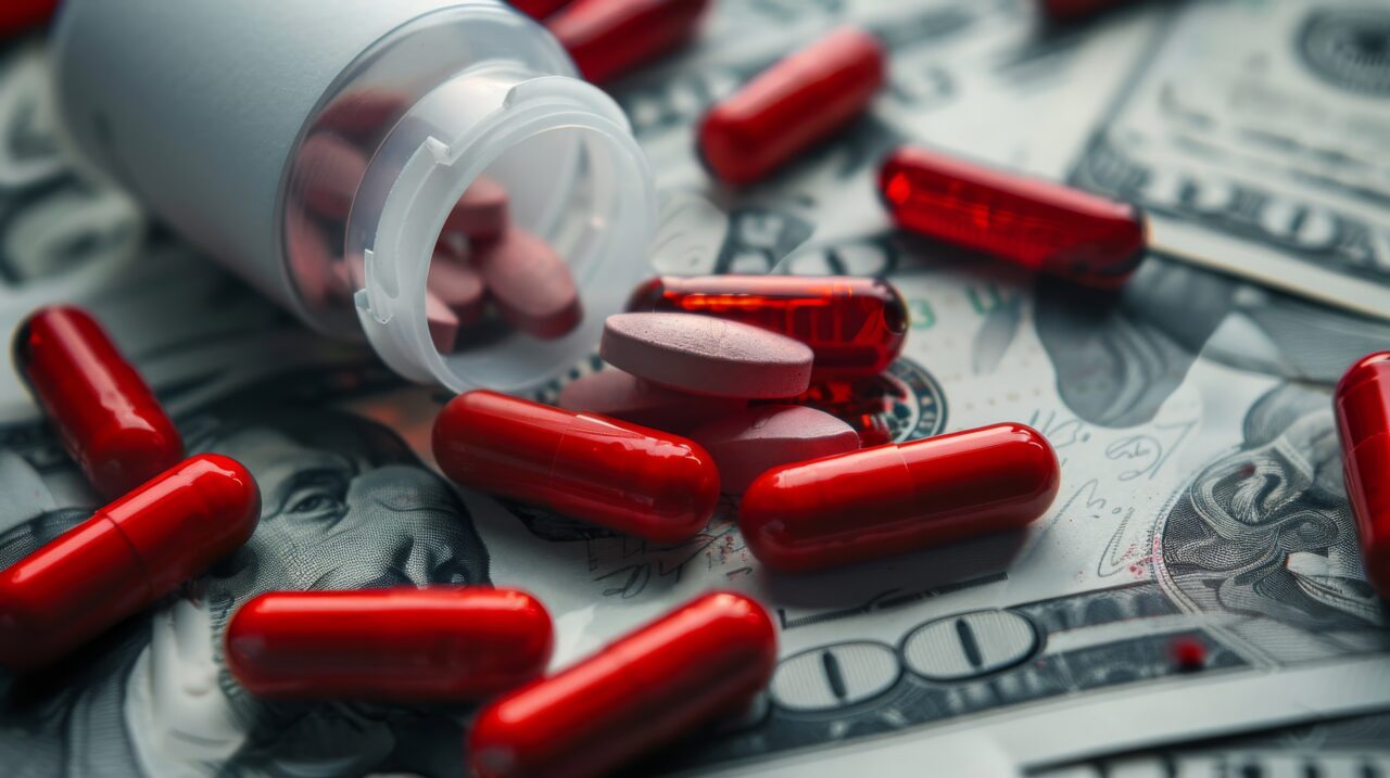 Corporate big pharma corruption and greed selling soul to the devil. Big pharmaceutical companies grip on the world Syringes and drugs with Dollar Bills Image of Medical Industry Corruption and deceit