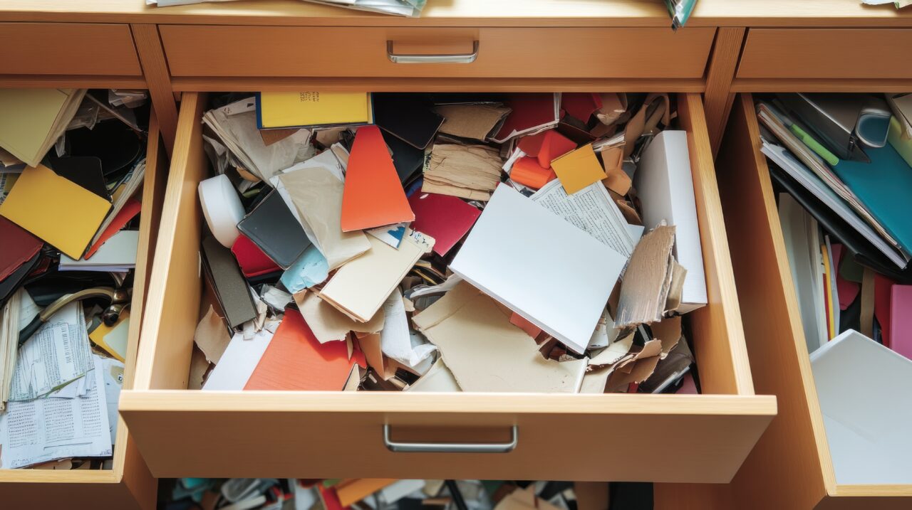 A cluttered drawer filled with assorted papers and materials, indicating disorganization.