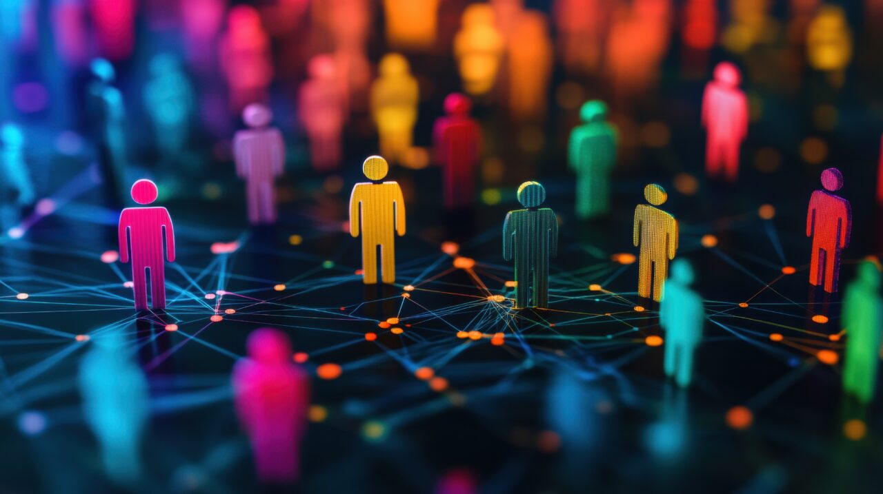 Colorful figures on a digital grid highlight diverse customer insights and the importance of personalized marketing strategies in a modern setting