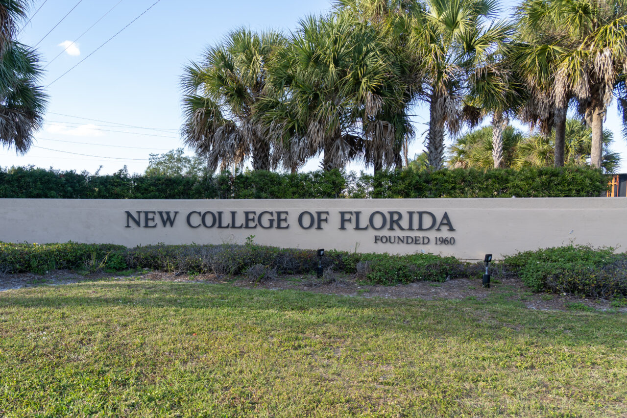Sarasota, Florida, USA - January 11, 2022: The New College of Florida ground sign is shown in Sarasota, Florida, USA. New College of Florida is a public liberal arts college.
