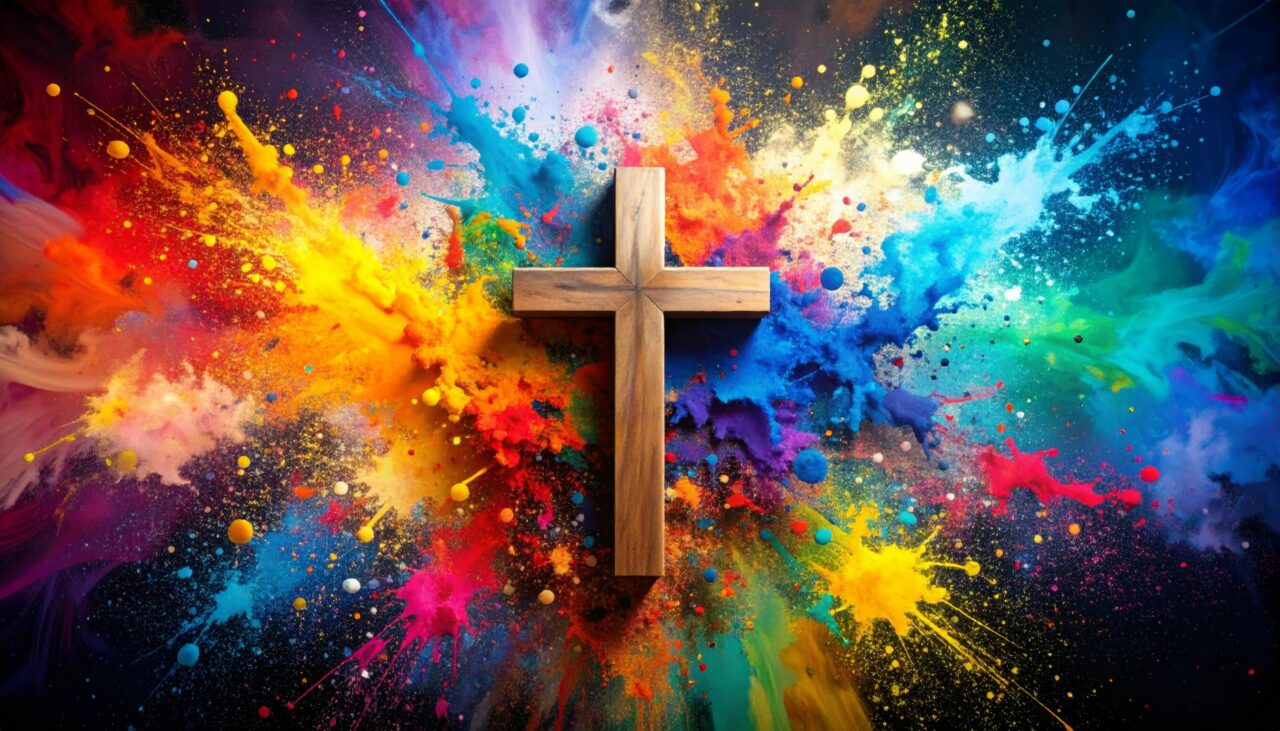 Vibrant faith, A cross amidst a chaotic splash of colorful paint strokes