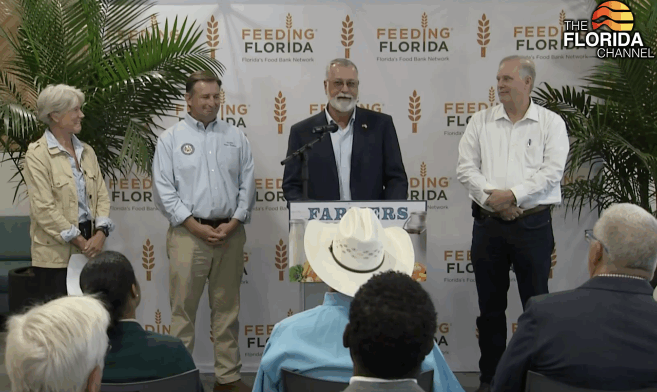 Florida Commissioner of Agriculture Wilton Simpson, Senate President Ben Albritton and Senate President Pro Tempore Jason Brodeur speak at Farmers Feeding Florida press conference Aug. 14,2025. Image via Florida Channel