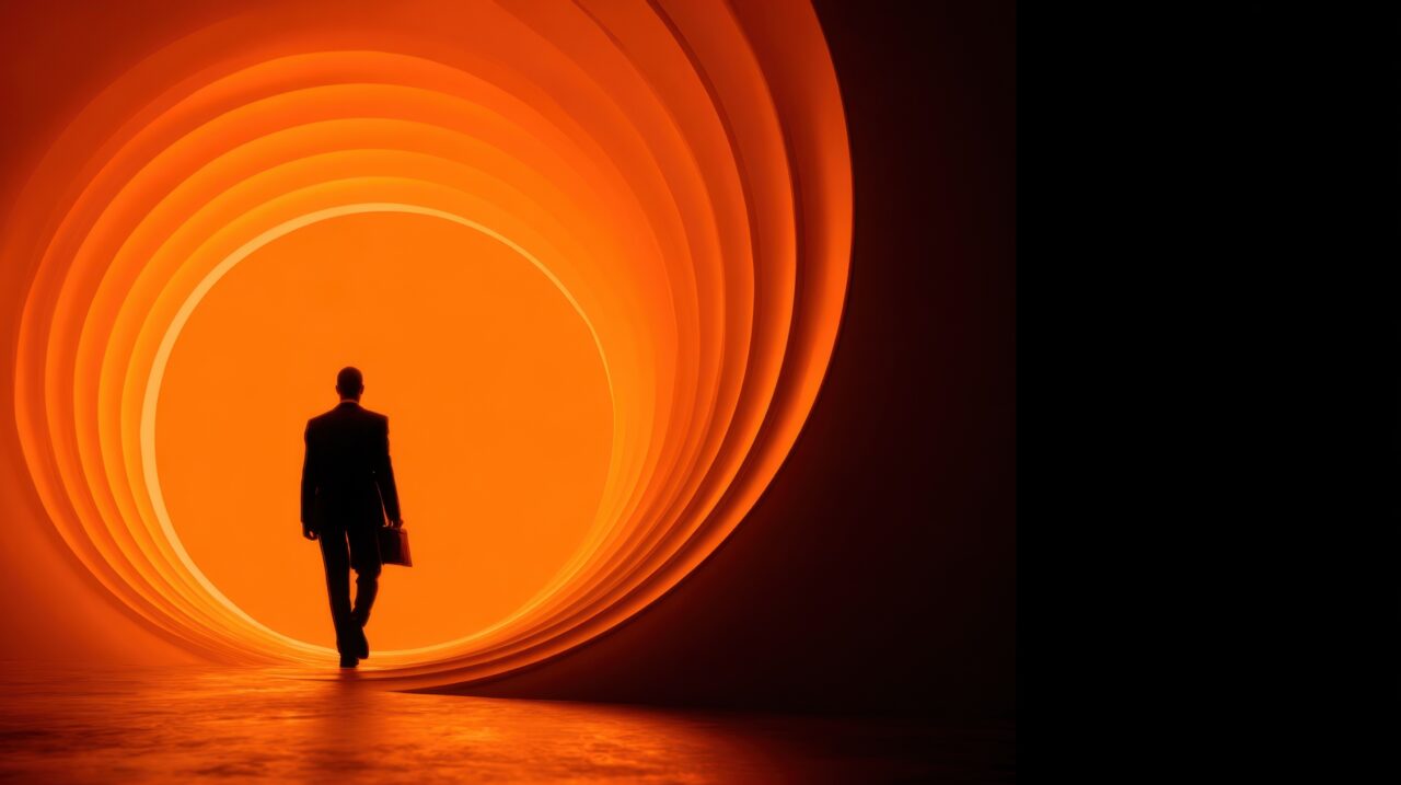 The powerful outline of a leader emerges from an enchanting orange light creating an abstract circle of inspiration. This scene evokes themes of guidance and progressive vision in busines