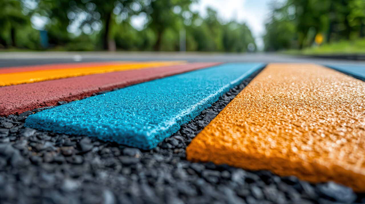 vibrant rainbow colored crosswalk with textured paint, showcasing bright blue, orange, red, and yellow stripes against blurred background of trees and road